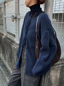 FRIFUL Damska kurtka casualowa z długim rękawem i wiązaniem z przodu, jednokolorowa, do noszenia na co dzień, jesienna odzież damska