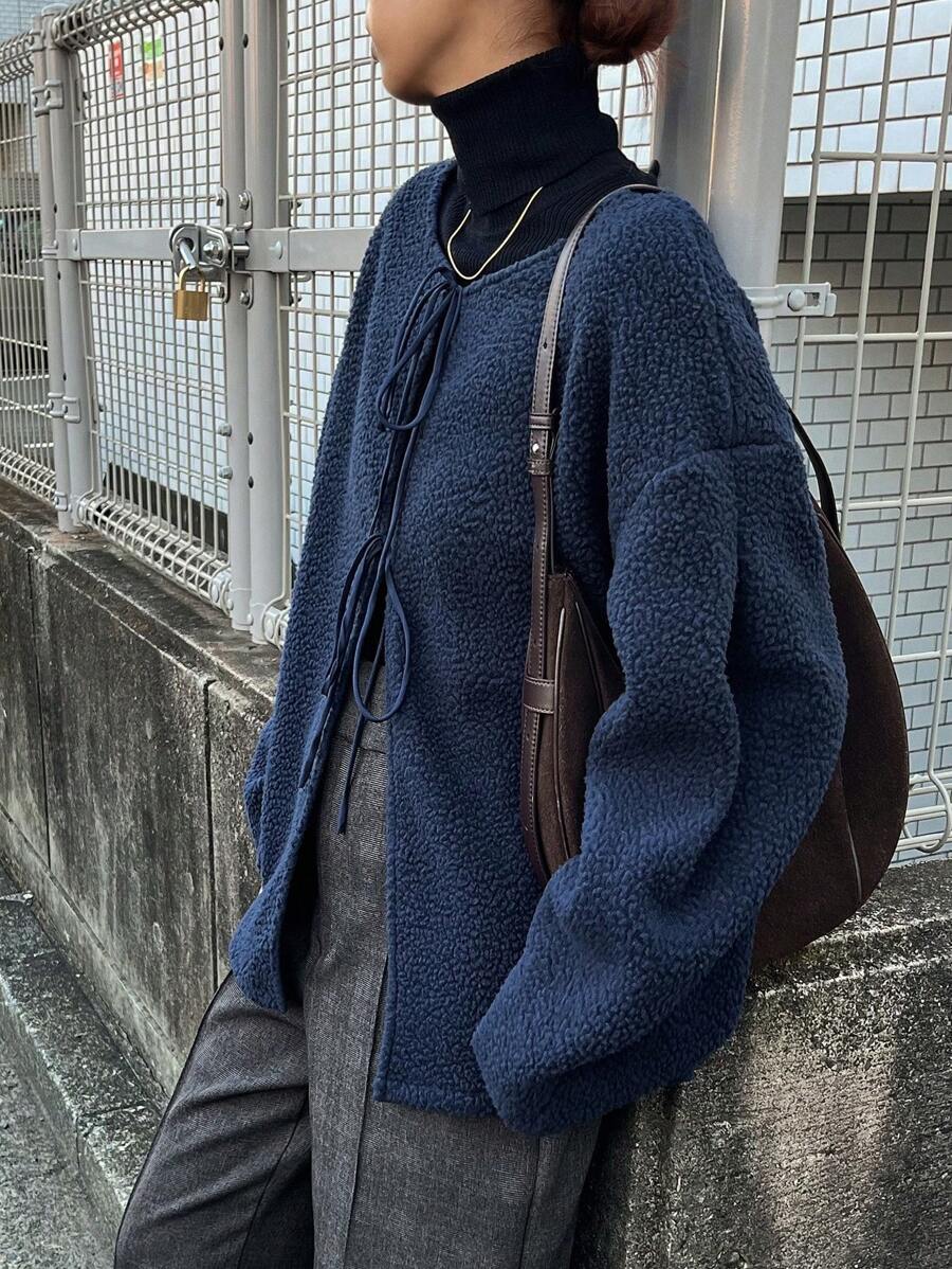 FRIFUL Damska kurtka casualowa z długim rękawem i wiązaniem z przodu, jednokolorowa, do noszenia na co dzień, jesienna odzież damska