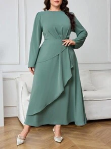 Modelyn Plus Size Elegant Solid Color Layered Long Dress, Autumn Long Evening Dresses - Green - View 5