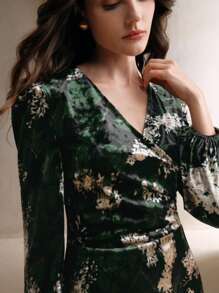 Anewsta V-Neck Wrap Allover Print Elegant Long Sleeve Dress For Holiday Party Clothes Maxi Velvet Women Outfit - Black - View 3