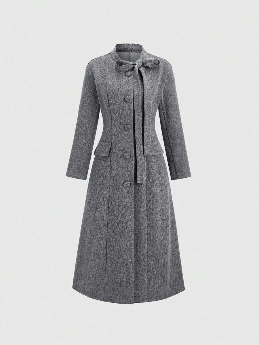 SHEIN Unity 1 件女式常规长袖秋冬长款休闲立领蝴蝶结设计独特优雅灰色法式大衣，新品 - 灰色 - 查看 1