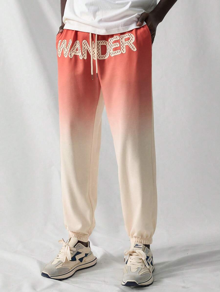 Mainfolk Men's Ombre Letter Knit Jogger Pants, Pocket, Sports, Joggers, Streetwear - Coral Orange - View 1