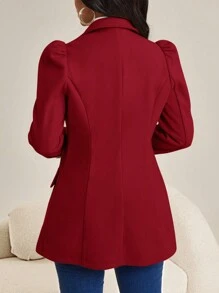 SHEIN Lady 秋冬复古音乐会/音乐节朴素工作办公室休闲优雅波西米亚风休闲郊游棕色编织翻领羊腿袖金色纽扣新品合身长袖女式大衣 - 酒紅色 - 查看 3