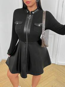 SHEIN EZwear Đầm mini đơn giản tay dài có khóa kéo phía trước cho nữ cỡ lớn - màu đen - Xem 5