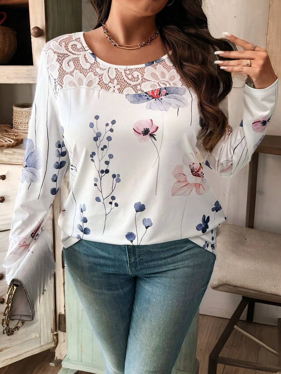 SHEIN LUNE Women Casual Floral Print Contrast Lace Loose Blouse