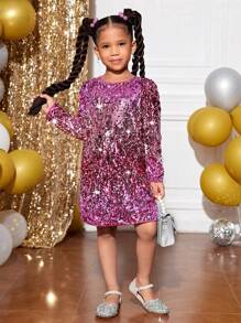 SHEIN Young Girl Christmas Party Sequin Embroidered Long Sleeve Dress