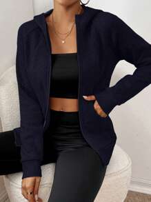 SHEIN Essnce Women's Casual Fashion Slim Fit Regular Hooded Long Sleeve Coat Zip Up Women Hoodie Essentials Hoodie Women Tracksuit Workout Jacket Fall Women Clothes - Navy Blue - View 4