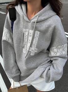 DAZY 新款秋季蕾丝刺绣字母宽松休闲女式运动衫 - 灰色 - 查看 7