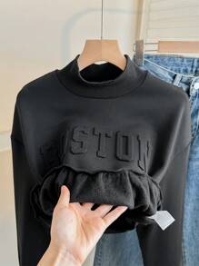SHEIN Áo nỉ dài tay cổ đứng in chữ cho bé gái tuổi teen - màu đen - Xem 3