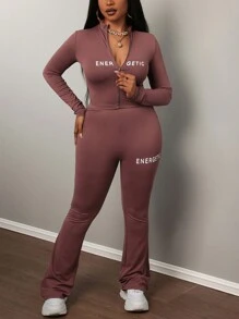 Slaydiva Bộ đồ nữ 2 món: áo dài tay có khóa kéo in chữ, chất liệu co giãn cao, dáng ôm, kiểu dáng thường ngày, gồm áo và quần. - Cà phê nâu - Xem 5