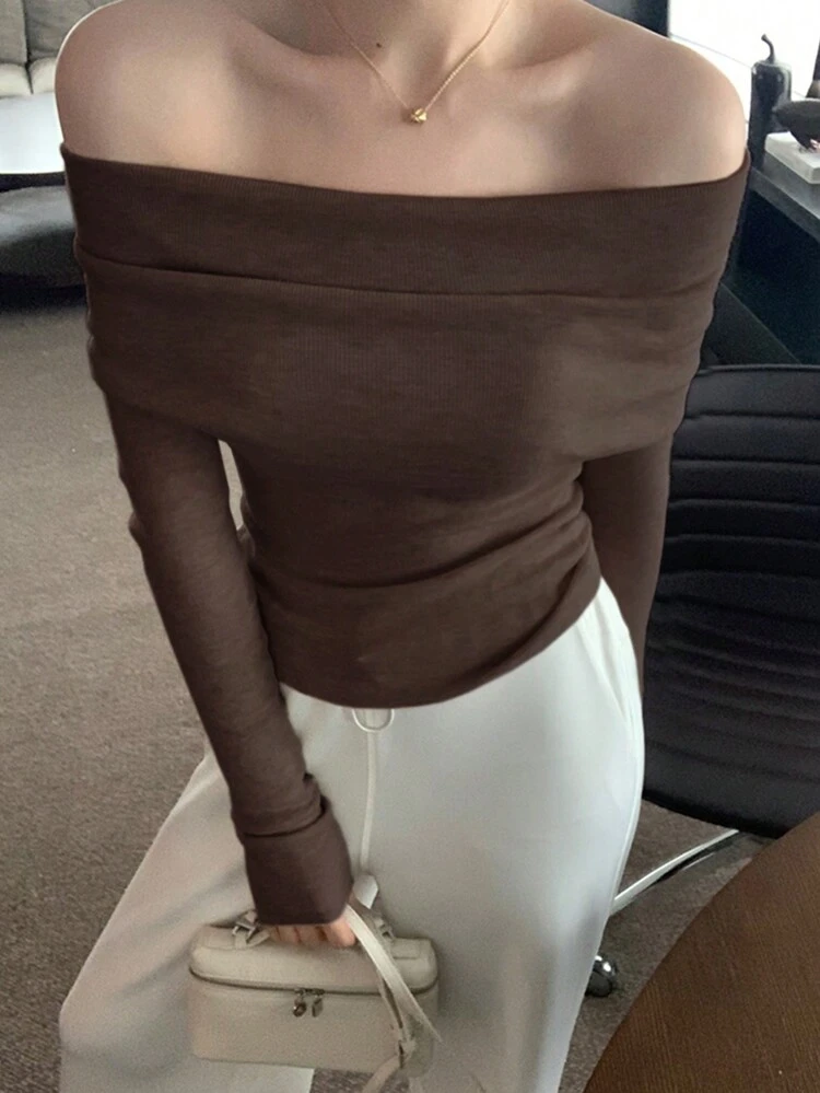 Women's Solid Color Off Shoulder Long Sleeve Fitted Sweater, Autumn & Spring,Fall Women Clothes