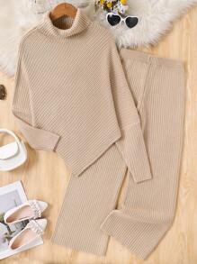Tween Girls Tween Fashion Knit Sweater Cape & Pants 2 Pieces Set, Autumn/Winter - Apricot - View 1