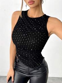 Glamine Women's Crystal Embellished Mesh Asymmetric Hem Pleated Tank Top - Black - View 4