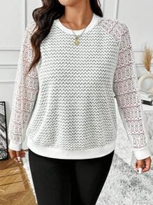 Flirla 大码纯色圆领优雅长袖蕾丝拼接卫衣套头衫秋季款 - 杏色 - 查看 6