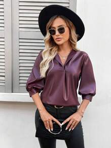 SHEIN LUNE 圣诞节女装女士休闲办公室衬衫、教师工作制服、派对服装、新年 - 酒紅色 - 查看 5