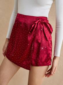 Poéselle 女士勃艮第酒红色优雅水钻系带裹身迷你裙短裤，春季迷你裙裤 - 紅色 - 查看 6