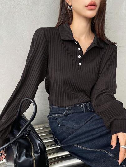 DAZY Polo Collar Short/Long Sleeve T-Shirt With Front Placket, Red, Spring & Autumn Summer