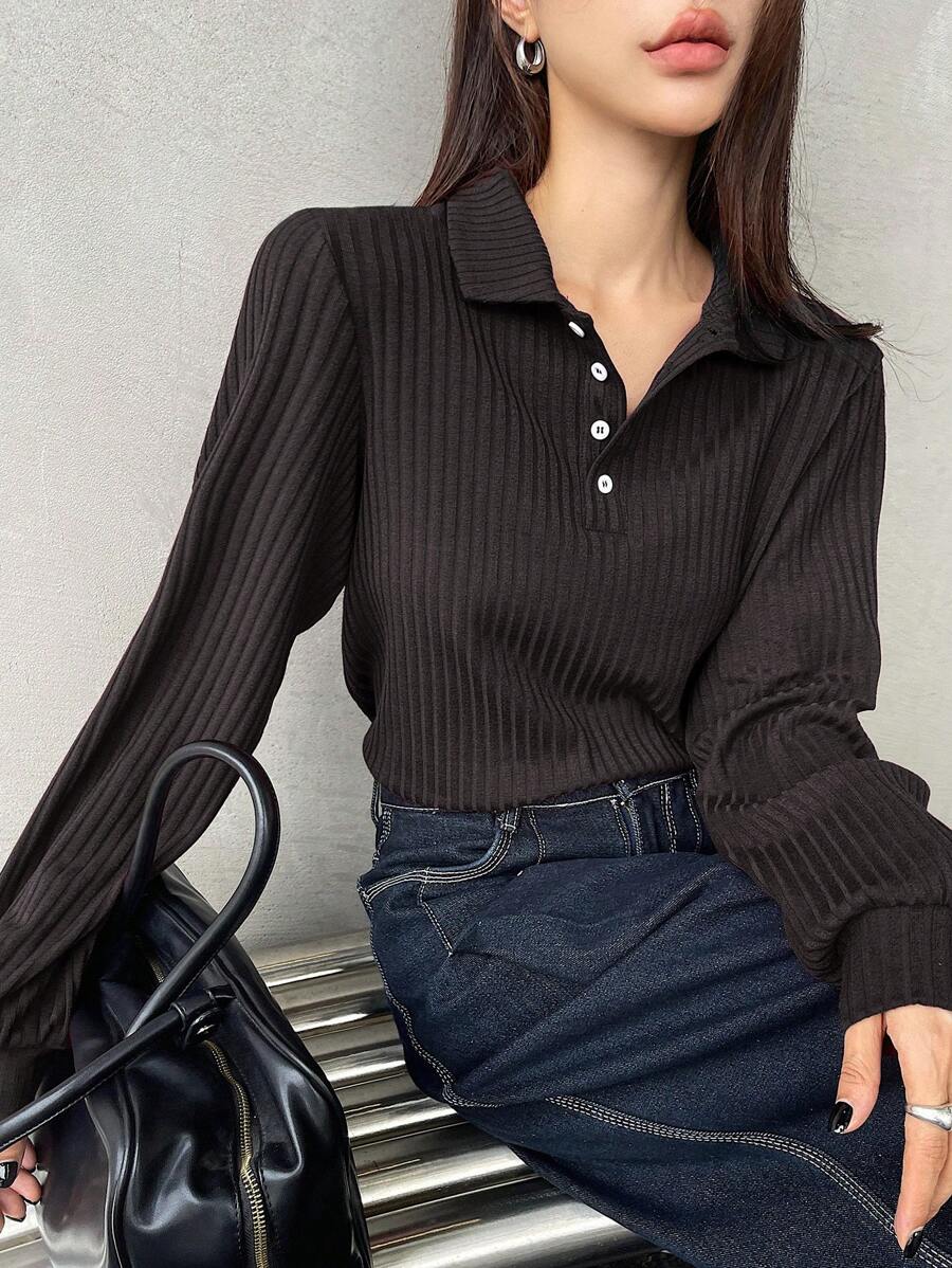 DAZY Polo Collar Short/Long Sleeve T-Shirt With Front Placket, Red, Spring & Autumn Summer - Black - View 1