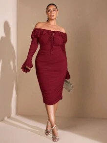 SHEIN BAE 大码秋季甜美性感优雅女士红色露肩荷叶边褶皱长袖中长连衣裙派对礼服婚礼宾客礼服甜美连衣裙性感女装秋季性感优雅女装 - 酒紅色 - 查看 7