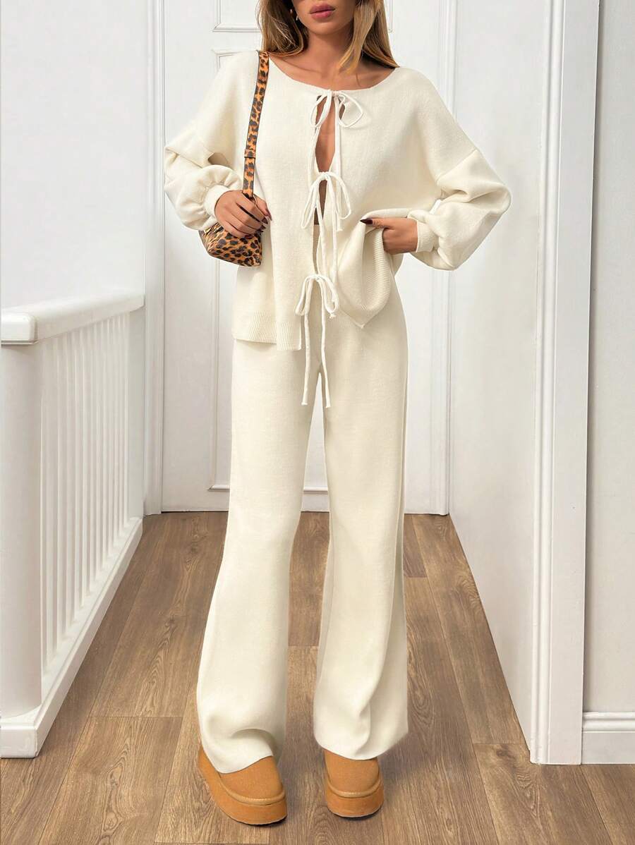 RueChic 2pcs Set Elegant Knitwear With Drawstring, Includes Long Sleeve Cardigan And Pants - Beige - View 1