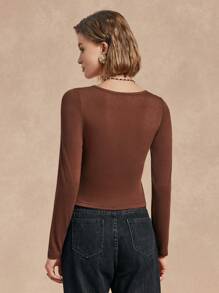 Chiquease Áo thun nữ cổ tròn dài tay in khẩu hiệu, mùa thu - Cà phê nâu - Xem 2