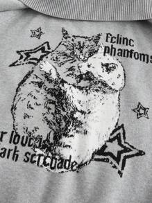 ROMWE Goth Suéter holgado con abertura en los hombros y patrón jacquard de gatos en talla grande en color gris