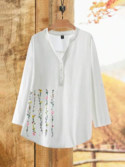 Rusticease Plus Size Women's Notched Collar Single-Breasted Printed Casual Long Sleeve Fall Shirt,White Blouse,Fall And Winter Women Clothes