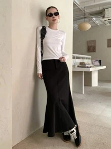 DAZY Váy bút chì khóa kéo màu trơn cho nữ, mặc đi làm đi chơi - màu đen - Xem 2