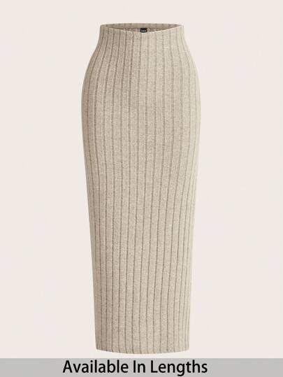 SHEIN Tall CURVE 大码休闲纯色罗纹针织铅笔裙