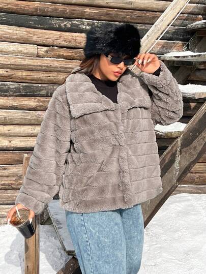 SHEIN EZwear Plus Size Fuzzy Collar Long Sleeve Textured Fluffy Jacket, Autumn/Winter