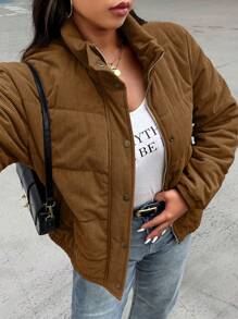 Calvaya Plus Size Solid Color Zipper Winter Clothes Long Sleeve Padded Padded Coat - Mocha Brown - View 4