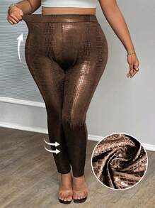 Slaydiva Plus Size Elegant Black Stretch Snake Print Leather Pants - A - Brown - View 1