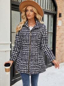 EMERY ROSE Manteau matelassé à col roulé, imprimé à carreaux en faux tweed pour femmes, pour l'automne/l'hiver - Noir et Blanc - Voir 1