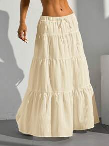 SHEIN EZwear 女款純色前綁帶百褶腰簡約裙，休閒日常穿著 - 米色 - 查看 5