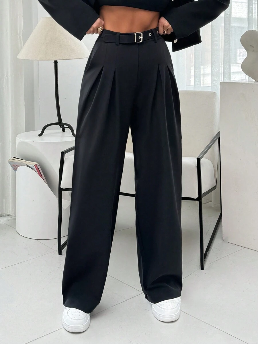 RueChic 女士纯色纸袋阔腿裤（配腰带）
