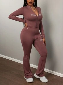 Slaydiva Bộ đồ nữ 2 món: áo dài tay có khóa kéo in chữ, chất liệu co giãn cao, dáng ôm, kiểu dáng thường ngày, gồm áo và quần. - Cà phê nâu - Xem 1