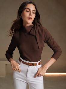 Anewsta 女士优雅纯色蝴蝶结肩部设计套头衫，适合秋季、冬季、外出、休闲、正式、派对、时尚、新年、圣诞节、工作、毕业、婚礼