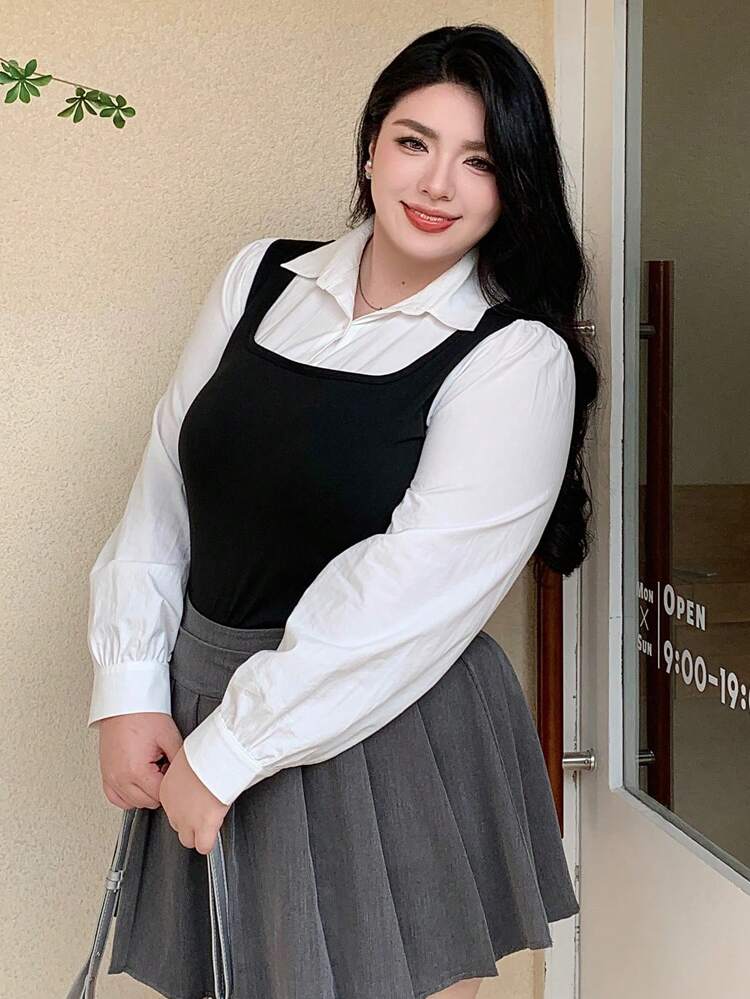 Dazy Plus Plus Size Women Colorblock Patchwork 2 In 1 Sleeveless Shirt, Autumn,Fall Women Clothes Long Sleeve Top