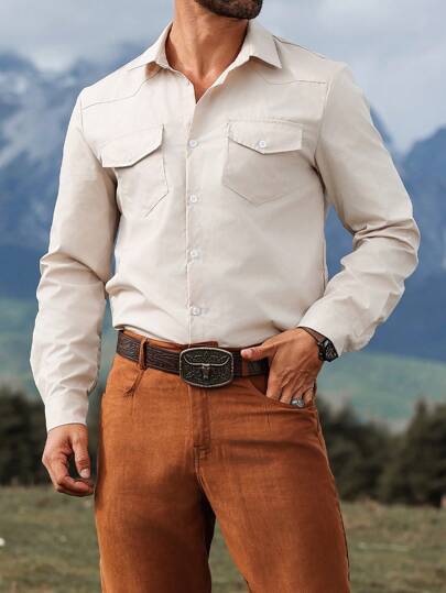 Manfinity Nomadique Men's Solid Color Plain Button-Front Long Sleeve Pocket Casual Collar Shirt, For Cowboy, Going Out