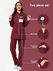 TaskEZ 2pcs Women Uniform Scrub Set, Including Long Sleeve Top And Pants, Wrinkle-Resistant, For Healthcare Workers - Burgundy - View 1