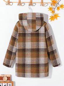 Tween Boy Casual Collegiate Thick Plaid Long Jacket, Suitable For Commuting, School, Daily Casual Outings, Sports, Autumn/Winter - Khaki - View 2
