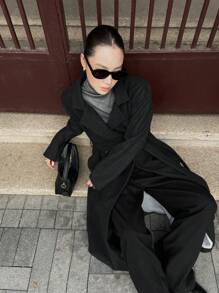 INAWLY Plus Size Solid Color Long Overcoat, Casual For Autumn/Winter - Dark Grey - View 5