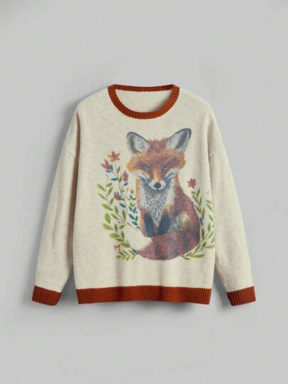 Fairycore Plus Size Women Drop Shoulder Long Sleeve Casual Forest Themed Fox Pattern Pullover Sweater, Autumn/Winter
