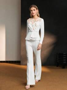 MOTF Soiréza EMBROIDERY FLORAL MESH INSERT PEPLUM TOP - White - View 4