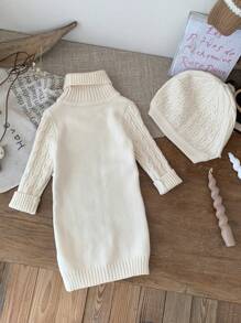 SHEIN 女宝宝秋冬针织高领长袖毛衣裙配帽子套装，可爱纹理白色