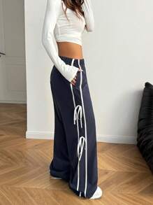 SHEIN EZwear Quần ống rộng cạp cao có đường may chi tiết mùa thu dành cho nữ - Màu xanh hải quân - Xem 7