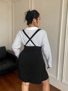 Flirla Plus Size Women 2pcs/Set Striped Patchwork Collar Blouse + Suspender Adjustable Waist Midi Dress, Autumn - Multicolor - View 2