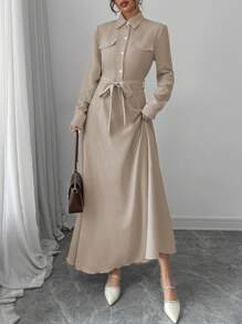 Elenzga 女士纯色衬衫领前扣 A 字长袖休闲连衣裙