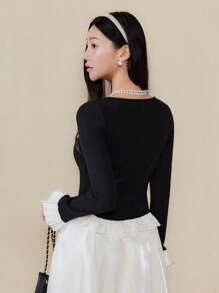 EastFlair Women Solid Color Patchwork Round Neck Long Sleeve Casual Top - Black - View 3