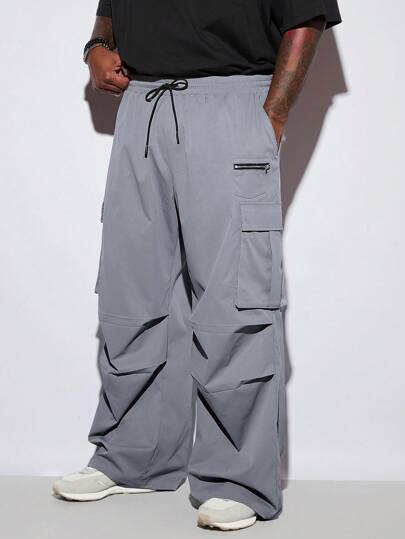 Manfinity VCAY Pantalones cargo de pierna ancha y larga de tejido texturizado, de corte holgado, para hombre de tallas grandes, pantalones anchos de moda para salir, regalos para esposo o novio